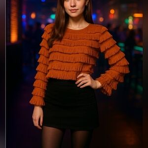 Fabulous Burnt Orange Fringe Long Sleeve Top Club Party Festival, Medium IBISS